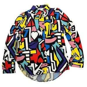 Big Dart Top Large Vintage Button Up Colorful Abstract Art Haring Style‎ Blouse
